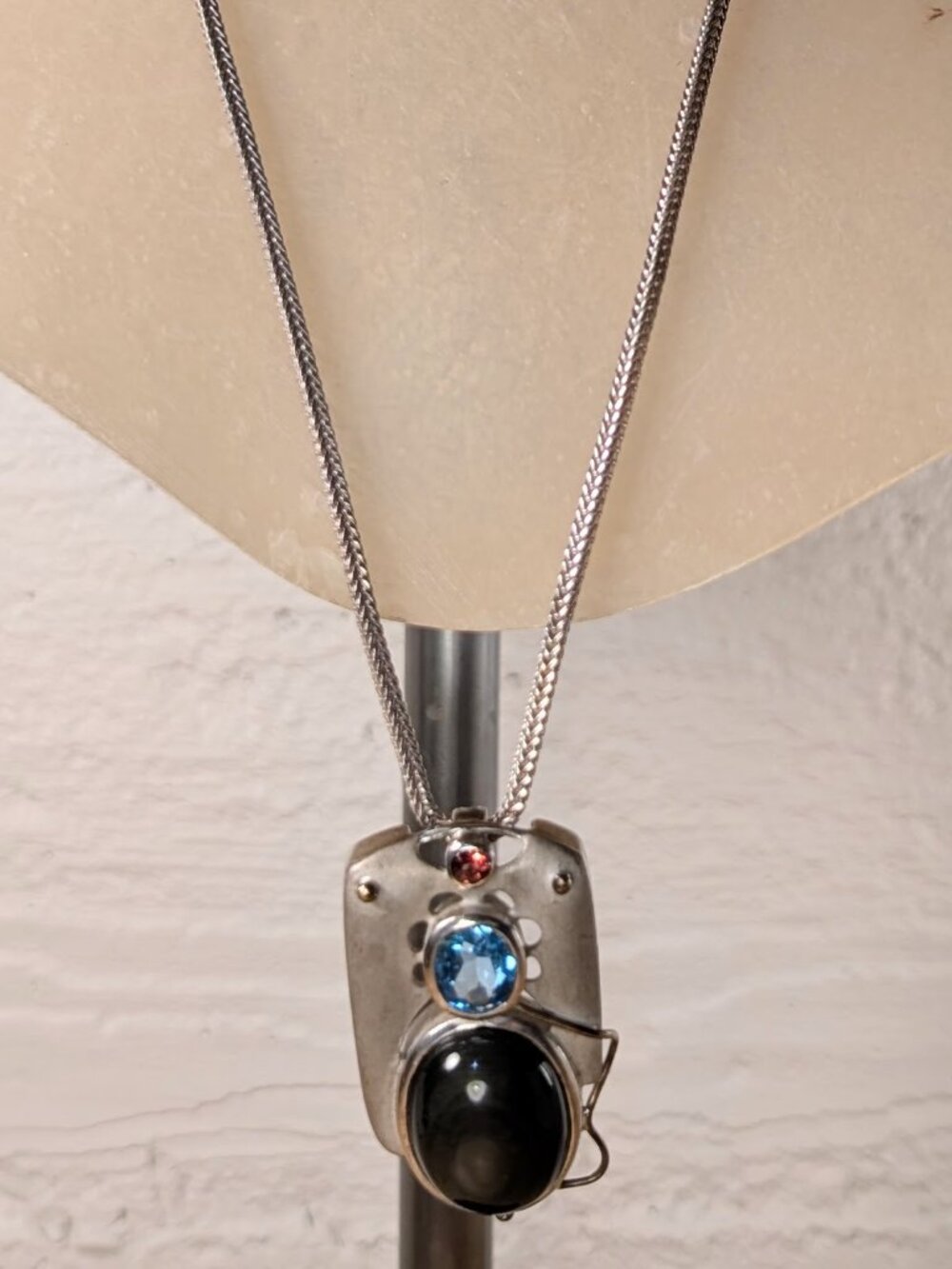 Artisan Sterling Silver Modernist Black Onyx Blue Topaz Garnet Pendant Necklace